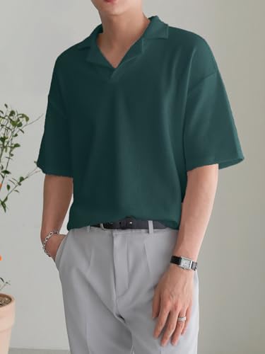 Image of Men's Textured Waffle Knit Polo T-Shirt | Relaxed Fit Half Sleeve Collared Tee | Soft Breathable Casual Summer T-Shirt