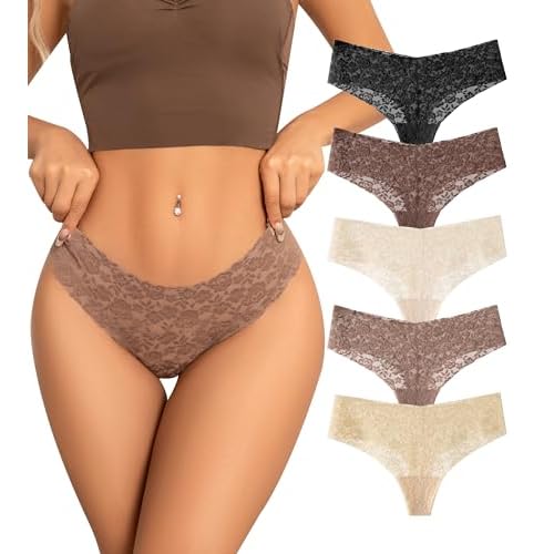 SHARICCA Women Seamless High Waist Underwear Sexy Floral Lace Thong Soft Comfortable Panties Pack Medium 5p - Basic