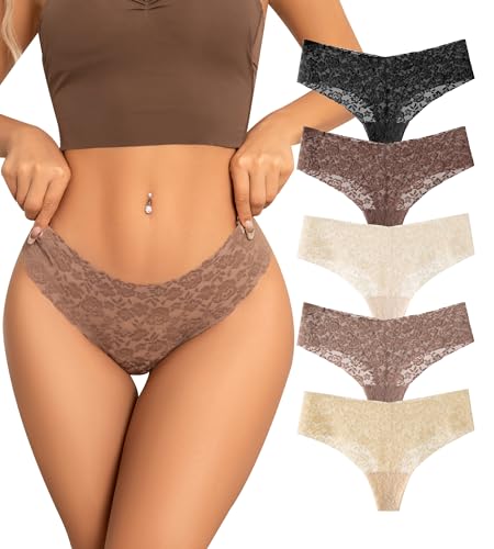 Image of SHARICCA Women Seamless High Waist Underwear Sexy Floral Lace Thong Soft Comfortable Panties Pack