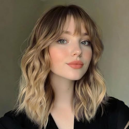 Lativ Blonde Wig With Bangs Short Wavy Curly Ombre Wig