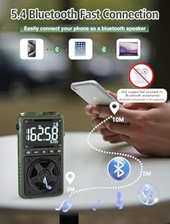 Bluetooth AM FM Shortwave Radio with NOAA Weather Alert,1250mAh Rechargeable Portable Pocket Radio with Best Reception,5W Big Speaker, Digital Tuner and Earphone,Support SD Card and USB MP3 Player