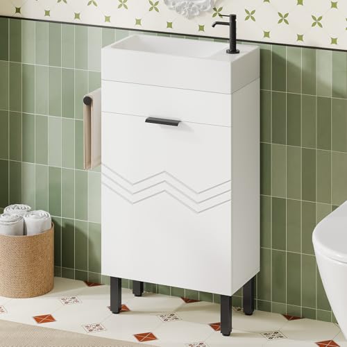 ANGRYWIN 16' Modern Bathroom Vanity with Sink, Free Standing Bathroom Storage Cabinet with Towel Holder, Undermount Vanity Sink Combo Set with Soft Closing Cabinet Door for Small Space (White, 16in)