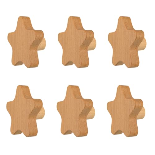 MOROBOR 6PCS Star Shaped Wooden Knobs Single Hole Beech Wood Handles Wood Cupboard Cabinet Handle for Chest of Drawers with Screws& Expansion Tube