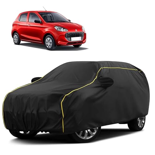 Image of Sulfar 100% Water Resistant Car Body Cover Compatible with Mirror for Maruti Suzuki Alto K10 (Triple Stitched, Full Bottom Elastic, Black Taffeta with Yellow Piping)