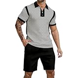 HuangMingYi Men Short Sets Outfits 2 Piece Fashion Casual Summer Tracksuit Short Sleeve Polo Men'S Shirt And Short Sets Summer Outfits For Men Stitching black gray 2XL