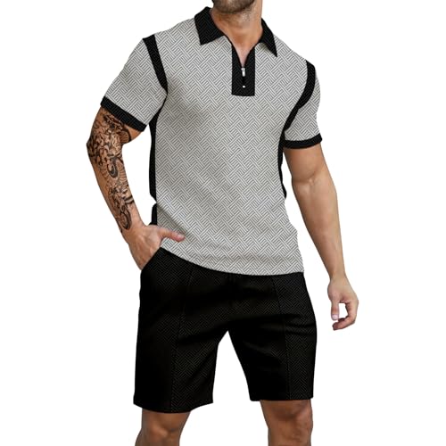 HuangMingYi Men Short Sets Outfits 2 Piece Fashion Casual Summer Tracksuit Short Sleeve Polo Men'S Shirt And Short Sets Summer Outfits For Men Stitching black gray 2XL