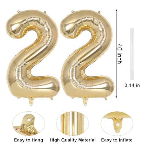 Image of Champagne Gold Large Number 22 Balloon, 40 Inch Light Gold Foil Helium Number Balloons, Giant Mylar Number 22 Balloons for 22 Years Old Birthday Party Anniversary Decorations (Champagne Gold 22)