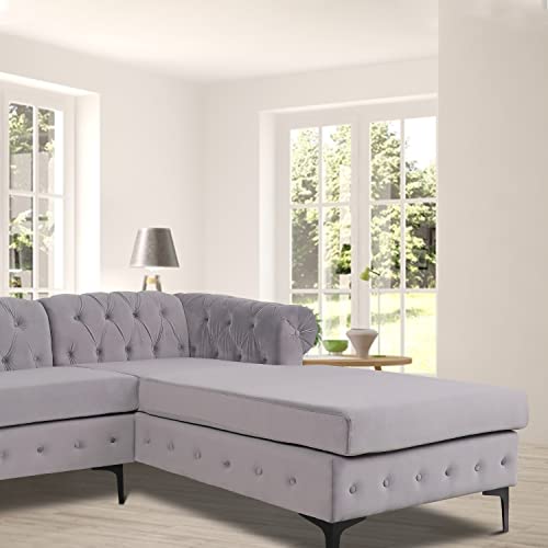 Nosga Modern Velvet Fabric L Shaped 3-Seat Sectional Sofa Couch, Furniture Sectional Chesterfield Couch Set, Upholstered Scroll Arm Chesterfield Sofa With Chaise For Living Room(Light Grey) #TOP6