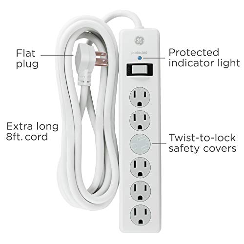 Ge 6-Outlet Surge Protector, 2 Pack, 10 Ft Extension Cord, Power Strip, 800 Joules, Flat Plug, Twist-To-Close Safety Covers, Protected Indicator Light, Ul Listed, White, 46862 #TOP1