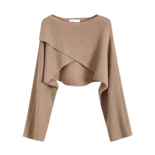 Damen Unregelmäßiger Kurzer Strickpullover Solide Langarm Verdickte Strickpullover, Khaki Top, S