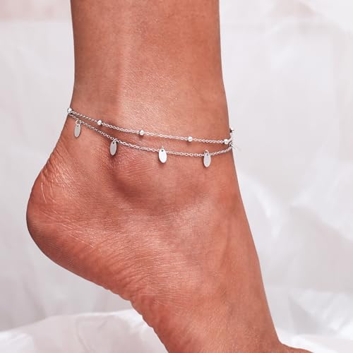 Image of CHIC & ARTSY 925 Sterling Silver Ankle Bracelets for Women, Adjustable Double Layer Chain Anklets, Minimalist Lightweight Foot Jewelry for Beach & Everyday Wear