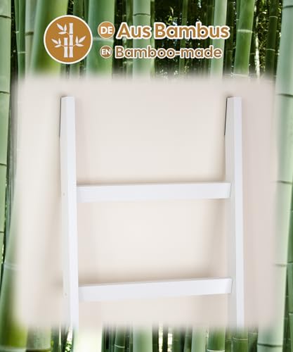 Yorbay Handtuchleiter Bambus, 6 Sprossen, Kleiderleiter mit 2 Sturzsicherheitsriemen und 4 Haken, Handtuchhalter Leiter für Dekoratives Badezimmer, Leiter Deko HxB 170 x 43 cm (Weiß)