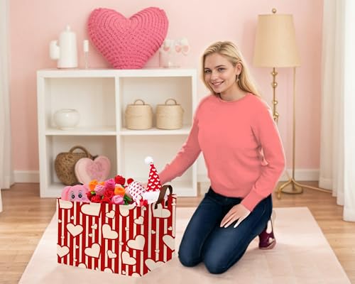 Image of Large Valentine's Day Basket Heart Shaped Storage Bin for Gifts Collapsible Organizer Room Decor (Vertical Bar Love)