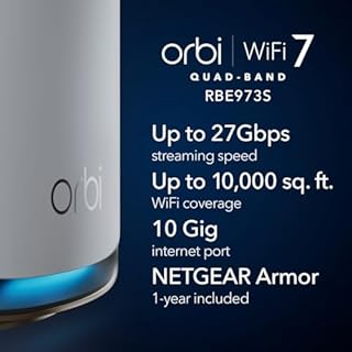 NETGEAR Orbi 970 Series Quad-Band WiFi 7 Mesh Network System (RBE973S), Router + 2 Satellite Extenders, Security Features, Up to 27Gbps, Covers Up to 10,000 sq. ft., 200 Devices, 10 Gig Internet Port