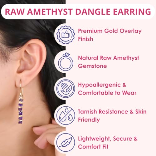 Gempires | Amethyst Gemstone Drop Bar Earrings for Women | 14K Gold Plated Hammer Finish Dangle Earrings | Handmade Hypoallergenic Crystal Jewelry | February Birthstone Gift for Her by GEMPIRES NATURE’S TREASURE - Image 4