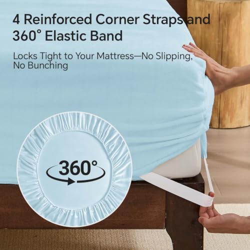 Image of BEDELITE Flannel King Fitted Sheet & Pillowcases Set, Blue, 3 Pieces | Ultra Soft Plush Fleece Bed Sheet with Elastic Corner Straps, 16 Inch Deep Pocket, Fuzzy All-Season Gift & Room Decor