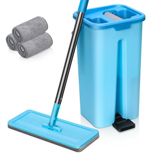 MASTERTOP Fregona Mopa con Cubo Escurridor, Mopa Plana con 3 Almohadillas Lavables para Suelos de Madera Dura y Laminado (Azul Cielo)