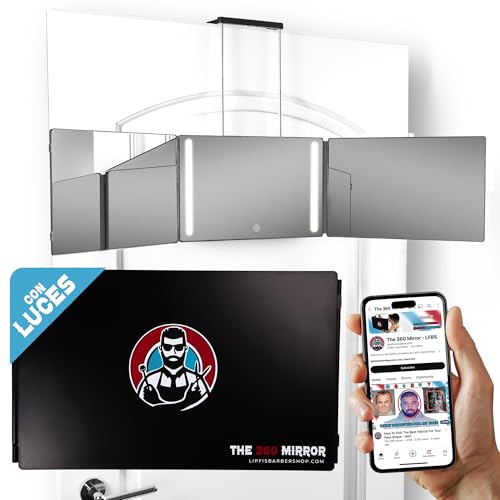 El Espejo de 360 grados - Ganchos Telescópicos Ajustables - Espejo para Hacerse Cortes de Cabello para Hombres - Espejoo Tridireccional para Cortar el Cabello - Espjo para Autocortes (| Con LED |)