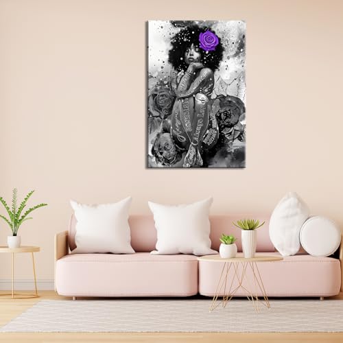 ZHIYYHAO African American Black Girl Wearing Purple Rose On Head Spa Wall Decor Framed Modern Artwork Unique Gift Idea for Women Girls and Art Lovers （AW-11，36.00L''X24.00W ） — view 4