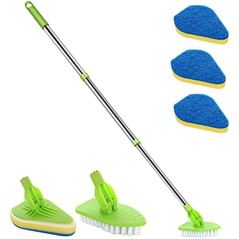 Scrub Cleaning Brush with Long Handle 35'' - Extendable Floor Scrubber with 1 Stiff Bristles & 3 Sponge Brush, Adjustable Lightweigh Detachable Kitchen Brush for Baseboard Shower Bathroom Bathtub Tile Cover