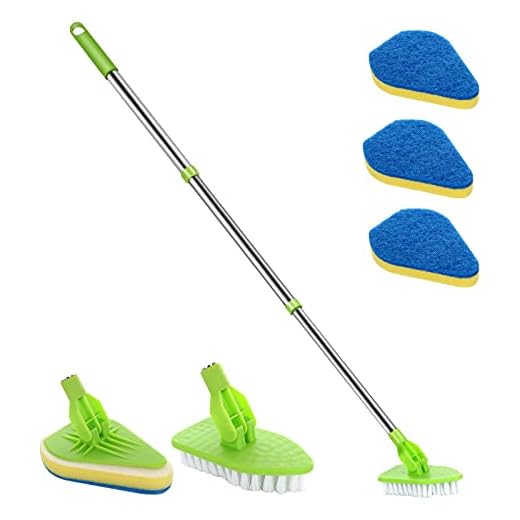 Scrub Cleaning Brush with Long Handle 35'' - Extendable Floor Scrubber with 1 Stiff Bristles & 3 Sponge Brush, Adjustable Lightweigh Detachable Kitchen Brush for Baseboard Shower Bathroom Bathtub Tile