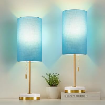 Luvkczc Minimalist Table Lamp Set of 2, Nightstand Lamp for Bedroom Living Room, Modern Pull Chain Bedside Lamp with Marble Base, Fabric Shade, Small Desk Lamp for Home, Office, Reading,Blue