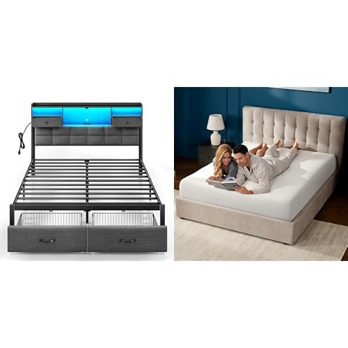 Rolanstar Full Size Bed Frame with 6 Inch Gel Memory Foam Mattress, LED Metal Platform Bed with USB Charging & Storage Headboard, Grey, CertiPUR-US Certified Mattress