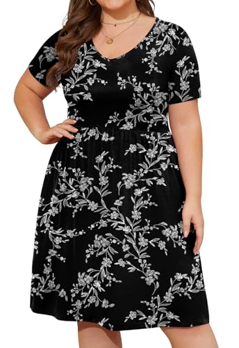 Image of DB MOON Women Plus Size Dresses 2026 Summer Casual V Neck Short Sleeve Knee Length Dress with Pockets