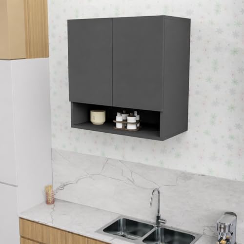 Image of 2 Door Multipurpose Wall Mounted Cabinet with Adjustable & Fixed Shelf | Storage for Kitchen, Bathroom, Office & Living Room | Assembly-DIY | Color-Grey | Size-60x33x63.8 Cm