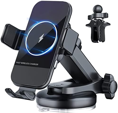 Wireless Car Charger, HYUNDAI 15W Qi Fast Charging Auto Clamping Car Charger Phone Mount, Windshield Dashboard Air Vent Phone Holder, for iPhone 14/13/12/11/X, Samsung Galaxy S22+/S21/S10/Note 20