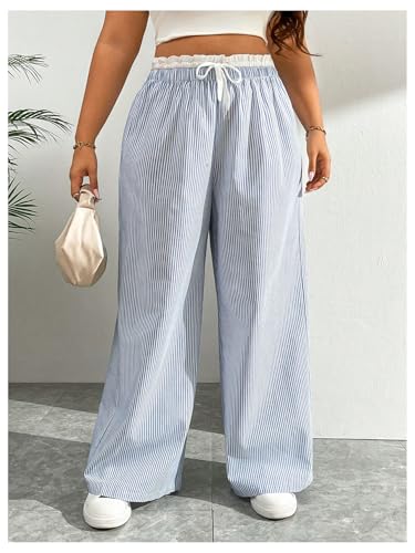 OYOANGLE Women's Plus Size Striped Wide Leg Pants Drawstring Waist Casual Trousers Lounge Pants3