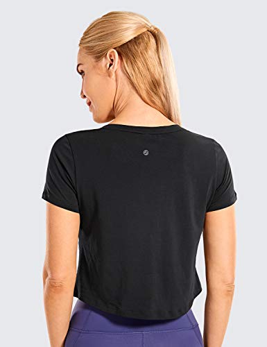 Crz Yoga Women's Workout Crop Tops Pima Cotton Short Sleeve V-Neck Shirts Casual Basic Cropped Tee Tops Black Medium #TOP1