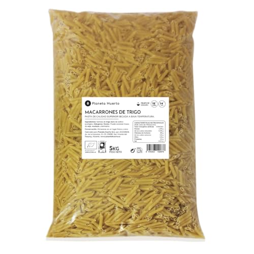 PLANETA HUERTO | Macarrones de trigo ecológico 5 kg, pasta natural sin aditivos Hechos con sémola de trigo duro -Macarrones de Trigo ideales para platos al horno, con salsa o fríos