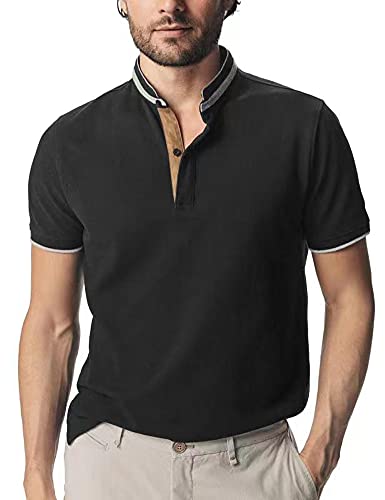 GAVIN BLEU Polo Shirts Men Navifalcon Mens Polo Shirts Stand Collar Shirt Cotton Mens Short Sleeve Shirts for Men Collarless Polo Mens Slim Classic Fit Tshirt Business Casual, Black 2XL