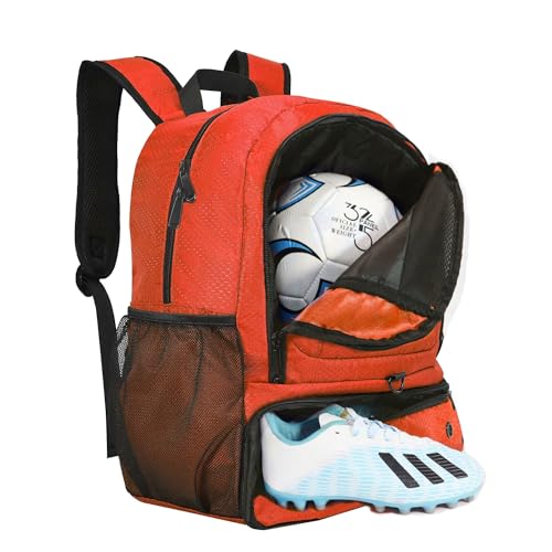 Rudmox Soccer Bag, Basketball Backpack, Sports Equipment Bag with Shoes Compartment Holds Sneak, Helmet, Basketball, Football, Vollyball, Gloves (Red/Black)