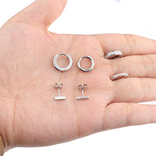 Joerica 6 Pairs Hoop Huggie Earrings For Women Girls Minimalist Cuff Mini Bar Stud Earrings Gold Silver Cubic Zirconia Small Ear Piercing Set (Silver) #TOP5