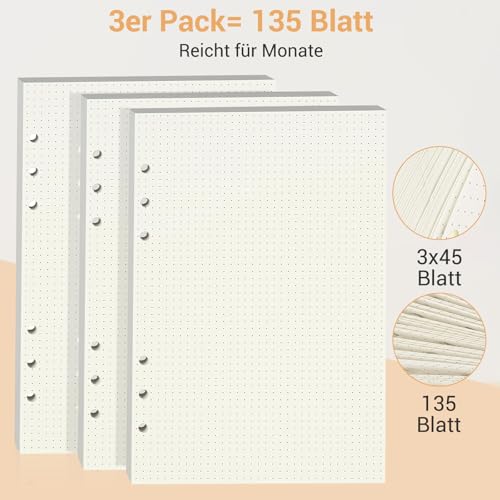 Papier Ringbuch A5 Nachfüllbar, 3 Pack 135 Blatt, A5 Ringbuch Einlagen Gepunktet 6-fach Lochung, 100g Papier für Schreiben Zeichnen Bullet Journaling Notizen Tagebuch Schule Büro