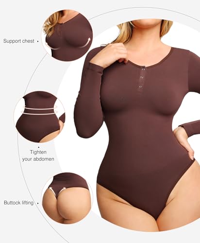 Image of Popilush Long Sleeve Shapewear Bodysuit Tummy Control Henley Button Up Modal Scoop Neck Body Suit Tank Tops