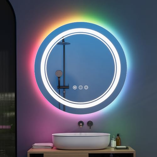 Warmiehomy RGB Bathroom Mirror with LED Lights,Round 600mm LED Illuminated Bathroom Mirror 3 Colour Dimmable Lights Demister Pad Touch Switch,Aluminium Frame