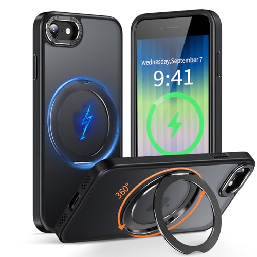 KWATUNG iphone se3 用ケース iphone se2 用ケース magsafe対応 360°回転スタンド 縦横両対応 リング マグネット搭載 アイフォン SE3 SE2 8 7用スマホケース 防指紋 米軍MIL規格 耐衝撃 iPhone SE 第3世代/iPhone SE 第2世代/iPhone8/iPhone7 用スマホケース 4.7インチ 半透明 マット感 ブラック