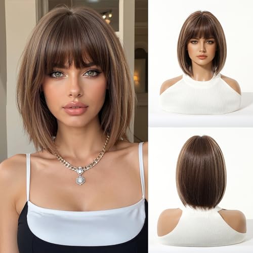 Esmee Peluca Bob Corto Liso Marrones Mezclados para Mujeres Peluca de Pelo Sintético Natural para Uso Diario y de Fiesta