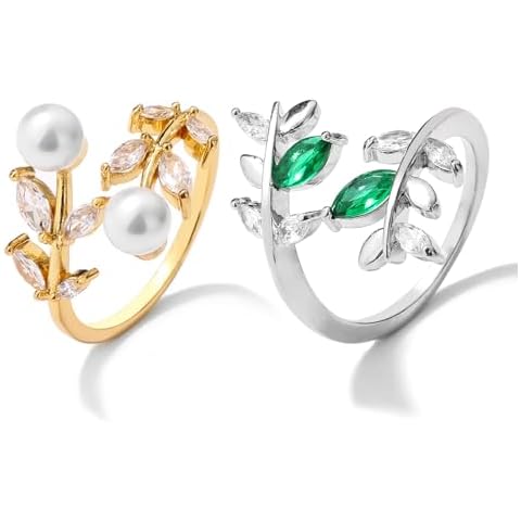JUNVirtuous Rings for Women Set,2 Pieces Adjustable Silver Gold Rings Set Leaf | Water Drop | Cubic Zirconia | Open Rings Gift for Women(Leaf) Cover