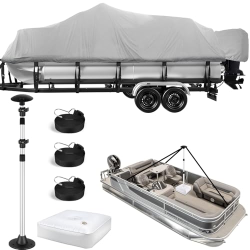 Fuprosico Heavy Duty Pontoon Boat Cover 1200D Covers for Pontoon 21-24ft Waterproof Cubierta para pontón Trailerable Boat Covers with Motor Cover for Pontoon Boat Mooring,Storage,Silver Gray