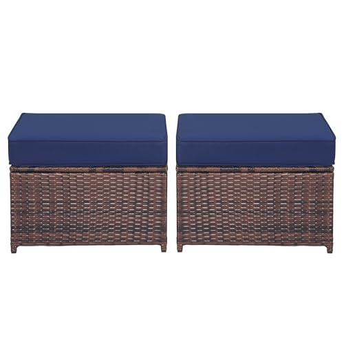 Hoffeorrad Outdoor Ottoman Rattan Footstool - Patio Ottomans with Removable Cushion, All-Weather PE Wicker & Steel Frame for Poolside, Garden Outdoor Furniture,23.6 x 21.7 x 17.8 inches, Brown
