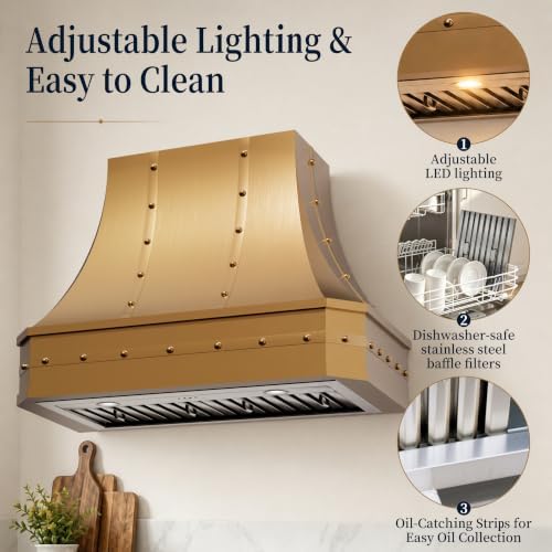 SINDA Wall Mount Brass Copper Range Hood with Built-In Vent Fan - 1
