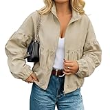 Watashi Women Cropped Bomber Jacket Casual Lightweight Spring Fall Lapel Coat Balloon Long Sleeve Streetwear Outerwear (Khaki-M)