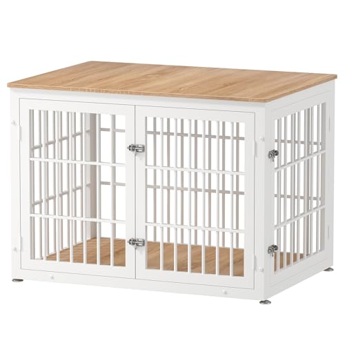 rehomerance 42 Inch Heavy Duty Dog Crate Furniture for Large and Medium Dogs, Decorative Pet House End Table, Wooden Cage Kennel Furniture Indoor, Natural and White