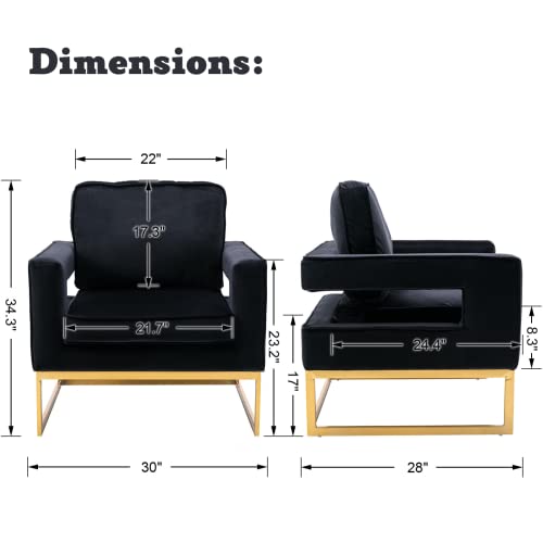 Lukealon Elegant Velvet Accent Club Chair, Upholstered Armchair With Gold Metal Legs Modern Single Sofa Chair Comfy Reading Chair With Open Back For Living Room Bedroom, Black #TOP1