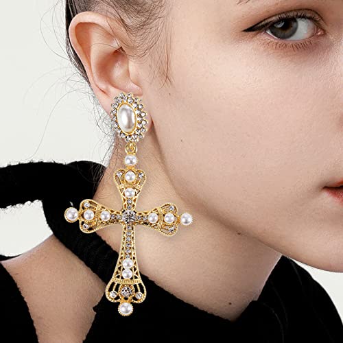 Foessd Giant Cross Dangle Earrings With Pearl And Crystal Zirconia- Baroque Big Crown Cross Drop Statement Earrings Large Pizzo Pendant Earrings In Gold Plated Lucky Costume Jewelry Birthday Graduation Christian Gift For Women Girls #TOP1