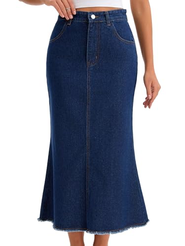 Women Denim Skirt Maxi A Line High Waisted Raw Hem Casual Jean Skirt